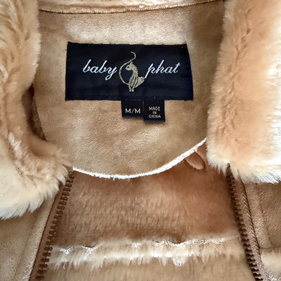 Vintage Y2K Baby Phat Faux Suede Embroidered Cat Jacket M Tan Brown Faux Fur - Picture 7 of 12